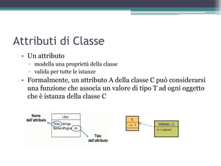 Attributi di Classe
 • Un attributo
   ▫ modella una proprietà della classe
   ▫ valida per tutte le istanze
 • Formalmente, un attributo A della classe C può considerarsi
   una funzione che associa un valore di tipo T ad ogni oggetto
   che è istanza della classe C
 