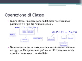 Operazione di Classe
 • In una classe, un‟operazione si definisce specificando i
   parametri e il tipo del risultato (se c‟è).




 • Non è necessario che un‟operazione restituisca un valore o
   un oggetto. Un‟operazione può anche effettuare solamente
   azioni senza calcolare un risultato.
 