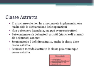 Classe Astratta
 • E‟ una classe che non ha una concreta implementazione
   ma ha solo la dichiarazione delle operazioni
 • Non può essere istanziata, ma può avere costruttori.
 • Può contenere sia dei metodi astratti (statici e di istanza)
   sia dei metodi concreti
 • Se un metodo è definito astratto, anche la classe deve
   essere astratta,
 • Se nessun metodo è astratto la classe può comunque
   essere astratta.
 