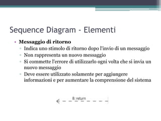 Sequence Diagram - Elementi
 • Messaggio di ritorno
   ▫ Indica uno stimolo di ritorno dopo l'invio di un messaggio
   ▫ Non rappresenta un nuovo messaggio
   ▫ Si commette l'errore di utilizzarlo ogni volta che si invia un
     nuovo messaggio
   ▫ Deve essere utilizzato solamente per aggiungere
     informazioni e per aumentare la comprensione del sistema
 