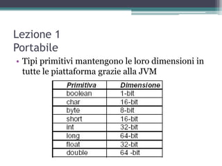 Lezione 1
Portabile
• Tipi primitivi mantengono le loro dimensioni in
  tutte le piattaforma grazie alla JVM
 