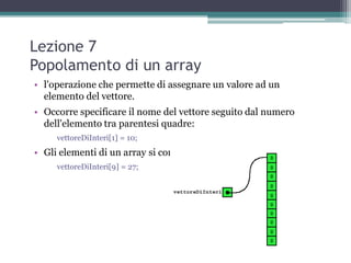 Lezione 7
Popolamento di un array
• l'operazione che permette di assegnare un valore ad un
  elemento del vettore.
• Occorre specificare il nome del vettore seguito dal numero
  dell'elemento tra parentesi quadre:
     vettoreDiInteri[1] = 10;
• Gli elementi di un array si contano a partire da zero.
     vettoreDiInteri[9] = 27;
 