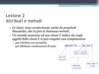 Lezione 2
Attributi e metodi
 • Le classi sono caratterizzate anche da proprietà
   dinamiche, che in java si chiamano metodi.
 • Un metodo associato ad una classe C indica che sugli
   oggetti della classe C si può eseguire una computazione
   ▫ per calcolare una proprietà,
   ▫ per effettuare cambiamenti di stato
 