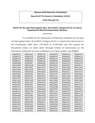 Haryana Staff Selection Commission
Bays No.67-70, Sector-2, Panchkula-134151
(www.hssc.gov.in)
Notice for the post Clerk against Advt. No.5/2019, Category No.01 of various
Departments/Boards/Corporations, Haryana.
************
It is notified for the information of following candidates for the post
of Clerk against Advt. No.5/2019, Category No.01 to submit their documents in
the Commission office from 18.8.2020 to 19.08.2020 and also upload the
documents online on above dates through website of Commission as the
documents submitted by these candidates are of poor quality and illegible: -
9990003336 9990010343 9990051500 9990060558 9990060924 9990065287
9990065475 9990065628 9990065642 9990065831 9990065867 9990066138
9990066138 9990083610 9990083644 9990085197 9990085268 9990085340
9990085341 9990085401 9990085496 9990085965 9990088603 9990093189
9990096846 9990096857 9990096982 9990097258 9990102119 9990102119
9990107880 9990108148 9990108366 9990108425 9990108453 9990108577
9990119616 9990119857 9990124317 9990126791 9990142658 9990152984
9990152984 9990156708 9990159262 9990160153 9990163430 9990163562
9990166641 9990184028 9990196350 9990209404 9990242211 9990242359
9990256601 9990256644 9990256721 9990256737 9990256763 9990256821
9990256882 9990256913 9990256972 9990257016 9990257018 9990257180
9990257399 9990257413 9990257428 9990258081 9990258367 9990265893
9990271601 9990274580 9990274599 9990274845 9990274878 9990274902
9990274980 9990275055 9990282146 9990284296 9990284829 9990297374
9990304225 9990309487 9990328561 9990328681 9990328769 9990329148
9990333347 9990356418 9990361279 9990366480 9990369279 9990384142
9990384179 9990385603 9990386109 9990389367 9990400585 9990400921
9990401323 9990412594 9990412668 9990417255 9990418791 9990427493
9990443945 9990465247 9990473878 9990474973 9990492594 9990501550
9990506688 9990518903 9990549338 9990557477 9990559169 9990562349
9990562825 9990564792 9990571494 9990571557 9990571791 9990571911
9990572011 9990572207 9990572229 9990572609 9990591667 9990594475
9990602453 9990603984 9990609513 9990610200 9990626747 9990627541
9990627881 9990628413 9990628461 9990628584 9990628722 9990628774
9990628776 9990628890 9990628919 9990628947 9990628968 9990628977
9990629059 9990629089 9990629100 9990629101 9990629455 9990629475
9990629556 9990629562 9990629594 9990629626 9990629665 9990629705
 