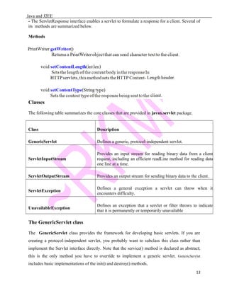Java and J2EE
- The ServletResponse interface enables a servlet to formulate a response for a client. Several of
its methods are summarized below.
Methods
Classes
The following table summarizes the core classes that are provided in javax.servlet package.
Class Description
GenericServlet Defines a generic, protocol-independent servlet.
ServletInputStream
Provides an input stream for reading binary data from a client
request, including an efficient readLine method for reading data
one line at a time.
ServletOutputStream Provides an output stream for sending binary data to the client.
ServletException
Defines a general exception a servlet can throw when it
encounters difficulty.
UnavailableException
Defines an exception that a servlet or filter throws to indicate
that it is permanently or temporarily unavailable
The GenericServlet class
The GenericServlet class provides the framework for developing basic servlets. If you are
creating a protocol-independent servlet, you probably want to subclass this class rather than
implement the Servlet interface directly. Note that the service() method is declared as abstract;
this is the only method you have to override to implement a generic servlet. GenericServlet
includes basic implementations of the init() and destroy() methods,
13
 
