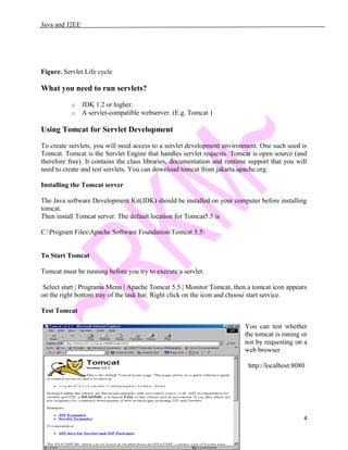 Java and J2EE
Figure. Servlet Life cycle
What you need to run servlets?
o JDK 1.2 or higher.
o A servlet-compatible webserver. (E.g. Tomcat )
Using Tomcat for Servlet Development
To create servlets, you will need access to a servlet development environment. One such used is
Tomcat. Tomcat is the Servlet Engine that handles servlet requests. Tomcat is open source (and
therefore free). It contains the class libraries, documentation and runtime support that you will
need to create and test servlets. You can download tomcat from jakarta.apache.org.
Installing the Tomcat server
The Java software Development Kit(JDK) should be installed on your computer before installing
tomcat.
Then install Tomcat server. The default location for Tomcat5.5 is
C:Program FilesApache Software FoundationTomcat 5.5
To Start Tomcat
Tomcat must be running before you try to execute a servlet.
Select start | Programs Menu | Apache Tomcat 5.5 | Monitor Tomcat, then a tomcat icon appears
on the right bottom tray of the task bar. Right click on the icon and choose start service.
Test Tomcat
You can test whether
the tomcat is runing or
not by requesting on a
web browser
http://localhost:8080
4
 