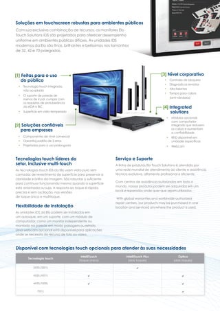 Disponível com tecnologias touch opcionais para atender às suas necessidades
Tecnologia touch
IntelliTouch
(toque único)
IntelliTouch Plus
(dois toques)
Óptico
(dois toques)
3200L/3201L a
4200L/4201L a a
4600L/5500L a a
7001L a
Soluções em touchscreen robustas para ambientes públicos
Com sua exclusiva combinação de recursos, os monitores Elo
Touch Solutions IDS são projetados para oferecer desempenho
uniforme em ambientes públicos difíceis. As unidades IDS
modernas da Elo são finas, brilhantes e belíssimas nos tamanhos
de 32, 42 e 70 polegadas.
Tecnologias touch líderes do
setor, inclusive multi-touch
As tecnologias touch IDS da Elo usam vidro puro sem
camadas de revestimento de superfície para preservar a
claridade e brilho da imagem. São robustas o suficiente
para continuar funcionando mesmo quando a superfície
está arranhada ou suja. A resposta ao toque é rápida,
precisa e sem oscilação, nas versões
de toque único e multitoque.
Flexibilidade de instalação
As unidades IDS da Elo podem ser instaladas em
um quiosque, em um suporte, com um módulo de
computador, como um monitor independente ou
montado na parede em modo paisagem ou retrato.
Uma webcam opcional está disponível para aplicações
onde se necessita do recurso de foto ou vídeo.
Serviço e Suporte
A linha de produtos Elo Touch Solutions é atendida por
uma rede mundial de atendimento ao cliente e assistência
técnica exclusiva, altamente profissional e eficiente.
Com centros de assistência autorizados em todo o
mundo, nossos produtos podem ser adquiridos em um
local e reparados onde quer que sejam utilizados.
With global warranties and worldwide authorized
repair centers, our products may be purchased in one
location and serviced anywhere the product is used.
[1] Feitas para o uso
	 do público
•	 Tecnologia touch integrada,
não acoplada
•	 O suporte de parede de
menos de 4 pol. cumpre com
os requisitos de protuberância
da ADA e IBC
•	 Superfície em vidro temperado
[2] Soluções confiáveis
	 para empresas
•	 Componentes de nível comercial
•	 Garantia padrão de 3 anos
•	 Projetadas para o uso prolongado
[4] Integrated
solutions
•	 Módulos opcionais
com computador
integrado que reduzem
os cabos e aumentam
a confiabilidade
•	 RFID disponível em
unidades específicas
•	 Webcam
[3] Nível corporativo
•	 Controles de bloqueia
•	 Diagnósticos remotos
•	 Alto-falantes
•	 Tampa para cabos
(anti-vândalos)
 