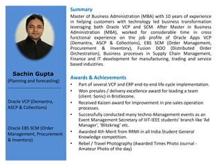 Sachin Gupta
(Planning and forecasting)
………………………………………..
Oracle VCP (Demantra,
ASCP & Collections)
Oracle EBS SCM (Order
Management, Procurement
& Inventory)
Summary
Master of Business Administration (MBA) with 10 years of experience
in helping customers with technology led business transformation
leveraging both Oracle VCP and SCM. After Master in Business
Administration (MBA), worked for considerable time in cross
functional experience on the job profile of Oracle Apps VCP
(Demantra, ASCP & Collections), EBS SCM (Order Management,
Procurement & Inventory), Fusion DOO (Distributed Order
Orchestration), Business processes in Supply Chain Management,
Finance and IT development for manufacturing, trading and service
based industries.
Awards & Achievements
• Part of several VCP and ERP end-to-end life cycle implementation.
• Won presales / delivery excellence award for leading a team
(client: Sonic) in Bristlecone.
• Received Kaizen award for improvement in pre-sales operation
processes.
• Successfully conducted many techno-Management events as an
Event Management Secretary of IIIT-IEEE students’ branch like ‘Ad
Manager’, ‘Blitzkrieg’ etc.
• Awarded 4th Merit from RRMI in all India Student General
Knowledge competition.
• Rebel / Travel Photography (Awarded Times Photo Journal -
Amateur Photo of the day)
 