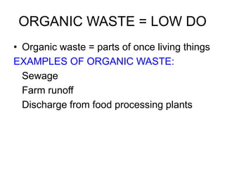 ORGANIC WASTE = LOW DO
• Organic waste = parts of once living things
EXAMPLES OF ORGANIC WASTE:
Sewage
Farm runoff
Discharge from food processing plants
 