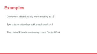 Examples
Coworkers attend a daily work meeting at 12
Sports team attends practice each week at 4
The cast of Friends meet every day at Central Perk
 
