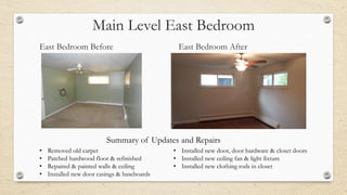 Main Level East Bedroom
East Bedroom Before East Bedroom After
• Removed old carpet
• Patched hardwood floor & refinished
• Repaired & painted walls & ceiling
• Installed new door casings & baseboards
• Installed new door, door hardware & closet doors
• Installed new ceiling fan & light fixture
• Installed new clothing rods in closet
Summary of Updates and Repairs
 