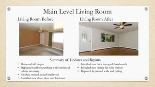 Main Level Living Room
Living Room Before Living Room After
• Removed old carpet
• Replaced subfloor patching with hardwood
where necessary
• Sanded, stained, sealed hardwood
• Installed new closet door and hardware
• Installed new door casings & baseboards
• Installed new ceiling fan with remote
• Repaired & painted walls and ceiling
Summary of Updates and Repairs
 