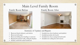 Main Level Family Room
Family Room Before Family Room After
• Removed dated cabinetry and shelves
• Removed old carpet
• Removed sliding door leading to sunroom
• Repaired & painted walls, ceiling & fireplace
• Sanded, stained & sealed hardwood
• Installed new door hardware and deadbolt
• Installed porcelain tile hearth
• Installed new door casings & baseboards
• Installed new ceiling fan with remote
Summary of Updates and Repairs
 