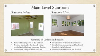 Main Level Sunroom
Sunroom Before Sunroom After
• Removed flooring down to the subfloor
• Repaired & painted walls, door, & ceiling
• Installed & finished new hardwood flooring
• Installed new energy efficient windows
• Installed new electric baseboard heater
• Installed new door casings and baseboards
• Installed new light fixture
• Installed new door handle and deadbolt
Summary of Updates and Repairs
 
