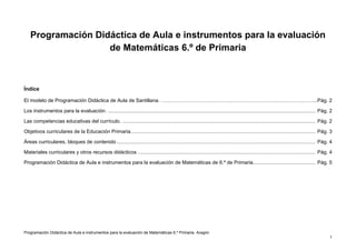 Programación Didáctica de Aula e instrumentos para la evaluación de Matemáticas 6.º Primaria. Aragón
1
Programación Didáctica de Aula e instrumentos para la evaluación
de Matemáticas 6.º de Primaria
Índice
El modelo de Programación Didáctica de Aula de Santillana. ………………………………………………………………………………...Pág. 2
Los instrumentos para la evaluación. .................................................................................................................................................. Pág. 2
Las competencias educativas del currículo. ........................................................................................................................................ Pág. 2
Objetivos curriculares de la Educación Primaria.................................................................................................................................. Pág. 3
Áreas curriculares, bloques de contenido............................................................................................................................................ Pág. 4
Materiales curriculares y otros recursos didácticos ............................................................................................................................. Pág. 4
Programación Didáctica de Aula e instrumentos para la evaluación de Matemáticas de 6.º de Primaria............................................ Pág. 5
 