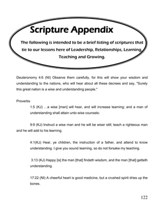 122
Scripture Appendix
The following is intended to be a brief listing of scriptures that
tie to our lessons here of Leadership, Relationships, Learning,
Teaching and Growing.
Deuteronomy 4:6 (NI) Observe them carefully, for this will show your wisdom and
understanding to the nations, who will hear about all these decrees and say, "Surely
this great nation is a wise and understanding people."
Proverbs
1:5 (KJ) …a wise [man] will hear, and will increase learning; and a man of
understanding shall attain unto wise counsels:
9:9 (KJ) Instruct a wise man and he will be wiser still; teach a righteous man
and he will add to his learning.
4:1(KJ) Hear, ye children, the instruction of a father, and attend to know
understanding. I give you sound learning, so do not forsake my teaching.
3:13 (KJ) Happy [is] the man [that] findeth wisdom, and the man [that] getteth
understanding.
17:22 (NI) A cheerful heart is good medicine, but a crushed spirit dries up the
bones.
 