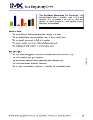 Your Regulatory Drive
EricBrooks
© 2010-2012 Copyright Innermetrix UK US South Africa Australia Asia Middle-East Mexico 22
AES
41
ECO
98
IND
13
POL
65
ALT
25
REG
60
THE
65
The Regulatory Dimension: The Regulatory drive
indicates one's drive to establish order, routine and
structure. This motivation is to promote rules and
policies, a traditional approach and security through
standards and protocols.
General Traits:
• You subscribe to a "Rules are made to be followed" mentality.
• You are likely to have your own specific "way" of doing many things.
• You are usually structured, orderly and concise.
• You believe quality control is a vital part of accurate work.
• You find security and certainty in structure and order.
Key Strengths:
• You take pride in things that support tradition like national history, honor, duty.
• You maintain focus throughout projects.
• You are efficient and effective in organizing tasks and most work.
• You maintain timelines and meet deadlines.
• You achieve a sense of accomplishment based on the quality of the work.
 