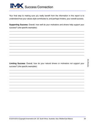 Success Connection
EricBrooks
© 2010-2012 Copyright Innermetrix UK US South Africa Australia Asia Middle-East Mexico 29
Your final step to making sure you really benefit from the information in this report is to
understand how your values style contributes to, and perhaps hinders, your overall success.
Supporting Success: Overall, how well do your motivators and drivers help support your
success? (cite specific examples):
_________________________________________________________________________
_________________________________________________________________________
_________________________________________________________________________
_________________________________________________________________________
_________________________________________________________________________
_________________________________________________________________________
_________________________________________________________________________
_________________________________________________________________________
_________________________________________________________________________
Limiting Success: Overall, how do your natural drivers or motivators not support your
success? (cite specific examples):
_________________________________________________________________________
_________________________________________________________________________
_________________________________________________________________________
_________________________________________________________________________
_________________________________________________________________________
_________________________________________________________________________
_________________________________________________________________________
_________________________________________________________________________
 