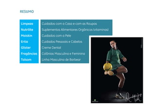 RESUMO


Limpeza      Cuidados com a Casa e com as Roupas
Nutrilite    Suplementos Alimentares Orgânicos (vitaminas)
Moiskin      Cuidados com a Pele
Ertia        Cuidados Pessoais e Cabelos
Glister      Creme Dental
Fragâncias
   g         Colônias Masculina e Feminina
Tolsom       Linha Masculina de Barbear
 