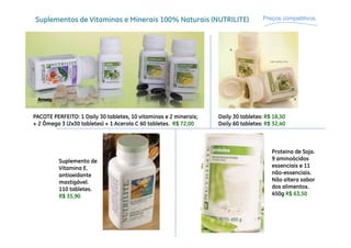 Suplementos de Vitaminas e Minerais 100% Naturais (NUTRILITE)                       Preços competitivos.




PACOTE PERFEITO: 1 Daily 30 tabletes, 10 vitaminas e 2 minerais;   Daily 30 tabletes: R$ 18,50
+ 2 Ômega 3 (2x30 tabletes) + 1 Acerola C 60 tabletes R$ 72 00
                                             tabletes.   72,00     Daily 60 tabletes: R$ 32 40
                                                                                         32,40



                                                                                        Proteina de Soja
                                                                                                    Soja.
          Suplemento de                                                                 9 aminoácidos
          Vitamina E.                                                                   essenciais e 11
          antioxidante                                                                  não-essenciais.
              ti á l
          mastigável.                                                                   Não altera sabor
          110 tabletes.                                                                 dos alimentos.
          R$ 35,90                                                                      450g R$ 63,50
 