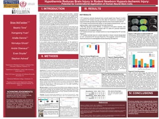 Hypothermia Reduces Brain Injury in Rodent Newborn Hypoxic-Ischemic Injury:
Potential for Combinatorial Application of Human Neural Stem Cells
1
Department of Biological Science, California State
University, Fullerton, Fullerton, CA
2
Department of Pediatrics, Loma Linda University,
Loma Linda, CA
3
Stem Cell Center, University of California Riverside,
Riverside, CA
4
Claremont McKenna College, Claremont, CA
5
Program in Stem Cell & Regenerative Biology,
Sanford-Burnham Medical Research Institute, La
Jolla CA.
1,2,3
Brian McFadden
2
Beatriz Tone
2
Xiangpeng Yuan
2,4
Arielle Dennis
2
Nirmalya Ghosh
2,3
André Obenaus
5
Evan Snyder
2
Stephen Ashwal
I. INTRODUCTION
II. METHODS
III. RESULTS
Ÿ
Ÿ
Ÿ
Ÿ
Ÿ
HT treatment animals displayed less overall weight loss (Figure 4) when
compared to NT treated rat pups at 24hr after HT treatment; consistent with
improved health (greater body weight retention) than those treated with NT.
HT treated animal performed better on neurological assessments, such as
righting reflex, when compared to NTanimals (Figure 5).
Rat Pup Severity Score (RPSS), a measure of HII lesion severity, was
decreased 55.3% for animals treated with HT while NT animals treatment
showed a 35.3% increase (Figure 6).
HT treated animals have smaller lesions on neuroimaging than NT animals
(Figure 7).
HT treated animals have an overall reduction in lesion volume designated
as core compared to NT rat pups (Figure 8). This suggests which HT therapy
improves amount of unsalvagable tissues following neonatal HII.
KEYRESULTS
IV. CONCLUSIONS
Previous studies have independently shown
the beneficial effects of either hypothermia or
stem cells; but what is lacking are studies
evaluating the combination of these two
therapies. Thus, our findings of a
neuroprotective effect by HT following
neonatal HII provides the basis for combining
HT with hNSCs to recover viable tissues after
ischemic injury.
ACKNOWLEDGEMENTS
We thank Kamalakar Ambadipudi for
assistance with the MRI imaging and Ms.
Alena Yusof for data processing
Funding for these studies was provided by
NIH NINDS (1RO1NS059770-01A2) to Dr.
Stephen Ashwal. Mr. Brian McFadden was a
recipient of a California Institute of
Regenerative Medicine- Bridges to Stem
Cell Research (BSCR) funded scholarship.
Neonatal hypoxic ischemic injury (HII) affects 2-4/1000 live births. Cerebral
ischemic injuries, such as HII, occur as a result of the brain not receiving adequate
blood supply to function. Cell death then begins to occur leading to the
development of core (non-salvageable) and penumbral (salvageable) tissues.
Clinically, the sequelae of HII lead to devastating neurological outcomes. At
present time, hypothermia (HT) therapy has shown promise in minimizing injury in
children with HII. Indeed, HT in rat models of HII have shown to have a profound
neuroprotective effects. HT rescues vulnerable tissues after HII and reduces the
overall extent of tissue damage. But many of the molecular mechanisms involved
in the neuroprotective capabilities of HTare not fully examined.
Though HT is the clinical standard for short-term treatment of HII, there are no
known long term reparative treatments for HII. Implanting neuronal stem cells
(NSCs) is recently emerging as one such promising long-term therapeutic option
for neuroprotection after HII. Motivation of this work is that initial HT at the acute
HII phase has neuroprotective potential to create better viable tissue ambiance
for long-term NSC reparative activities. Hence, the purpose of this study is to
assess the therapeutic effectiveness of HT using diffusion weighted imaging
(DWI) to non-invasively monitor the progression and evolution of HII by lesion
volume combined with delineation of its core/penumbra tissues. Future studies
will use brain tissues to investigate levels of cytokine molecules, including
CXCL12/SDF-1á. These results will allow us to determine the interplay between
cell-cell signaling at the injury site and implanted stem cells.
In our present study we evaluated the effectiveness of HT treatment in
comparison to normothermia (NT) for HII in the neonatal brains. For this we have
used temporal trends of the following outcome measures: (1) weight-loss of the
pups, (2) righting reflex (a neurological score), (3) rat pup severity score (RPSS)
determined visually from magnetic resonance imaging (MRI), and (4) lesion
volume, including its core/penumbra proportions, automatically estimated by a
novel computational method, hierarchical region splitting (HRS) from MRI. These
data provide important background for future research investigating the long-term
reparative effects of HTin neonatal HII.
Figure 7: HII Lesion is reduced after HT
Representative diffusion-weighted images (b = 485.69
2
s/mm ) and HRS detected lesions are shown for NT (top row)
and HT (bottom row) treated animals with moderate injury
imaged at 72 hrs post HII. Brain regions containing HII
lesions can be visualized as hyperintense regions in
grayscale DWI (left column) and yellow-to-red regions in
pseudo-colored DWI (right column; shown for enhanced
visualization). These HII lesions can be correctly detected as
lesion by HRS. NT treated animals had a larger lesion than
HT treated animals at 72hrs post HII, which demonstrates the
neuroprotective effect of HT.
Figure 8: Core Penumbra:
Lesion volume from MR imaging was determined using
Hierarchal Region Splitting (HRS) (Ghosh et al 2011),
including novel assessment of estimated core and
penumbral tissues. Lesion volumes were normalized to
percent of entire brain volume at each imaging time-point to
compensate for brain growth. At the final time point of our
experiments (72hr post HII) the HT animals had a 1%
decrease in core lesion volume compared to NT rat pups.At
the other time points (0-48hrs) the (absolute) trends were
not consistent. But when lesion (core and penumbra) at 24-
72hrs time-points relative to those at the initial (0hr) pre-
treatment time-point (i.e., relative trends), an overall
decrease in lesion was evident for the HT pups, but not for
NTpups. This indicates an overt beneficial effect of HT.
Lesion Volume (Core and Penumbra)
Time Point: Hours Post Hypoxia
0 24 48 72
LesionVol.(%ofBrainVol.)
0
2
4
6
8
10
12
14
16
18
20
HT Core
HT Penumbra
NT Core
NT Penumbra
Rat Pup Severity Score
Time Post HII (hrs)
0 20 40 60 80
SeverityScore
0.0
0.5
1.0
1.5
2.0
2.5
3.0
3.5
HT Mild
HT Moderate
NT Mild
NT Moderate
Figure 6: Rat Pup Severity Scoring
Rat Pup Severity Scores (RPSS) were assessed at
each time point immediately following MRI
acquisition. Rat pups undergoing HT treatment
demonstrated improvement in RPSS scores
between 0hrs (post HII) and at the final
experimental period (72hrs) with an average
decrease of 55.3% (mild and moderate) signifying
a reduction in injury severity. In contrast, NT rat
pups exhibited an increase in injury severity with a
35.3% increase over the 72hr experimental period.
Figure 5: Righting Reflex
A neurological index, the righting
reflex, was evaluated in all HII pups
prior to MR imaging. We observed that
all time points (0-72hrs post HII) rat
pups that received HT treatment were
able to right themselves an average of
33% faster compared to rat pups
receiving NT treatment. Thus, HT
treatment improves neurological
function following HII.
Righting Reflex
Time Post HII (hrs)
0 20 40 60 80
Time(sec)
0.0
0.5
1.0
1.5
2.0
2.5
3.0
HT
NT
Figure 4:Animal Weight Loss
Animal weights, as a measure of animal health
following HII were recorded for both HT and NT
treatment groups. Overall, animals that received HT
treatment revealed less body weight loss
immediately after HT (24hrs post HII) than similar NT
animals. Mild NT animals showed an ~1% increased
weight loss compared to HT littermates. Similarly,
moderately injured NT rat pups demonstrated a ~5%
greater weight loss than their HT treated littermates.
Therefore, pups that received HT treatment retained
a greater body weight (equating to better health
status) than NTtreated animals following HII.
Weight Loss
WeightLoss(%ofpre-HIIweight)
-14
-12
-10
-8
-6
-4
-2
0
Mild Moderate
HT HTNT NT
0h 24h 48h 72h
MRI MRI MRI MRI
Histology
12h
Behavior
HII HT
Figure 1: Experimental Design
Animals received MRI scans immediately following HII
as well as at 24, 48, and 72hr time points. Animals
were also sacrificed and tissue was collected at the
same time points.
Figure 2: Animal Recovery Chamber
Animals were placed inside recovery
chamber where temperature was
controlled to 35°C(NT) or 30°C (HT)
Animal Temperature
Time Post HII (hrs)
0 5 10 15 20 25
0
TemperatureC
30
32
34
36
HT
NT
Figure 3:Animal Temperature
NT chamber temperatures were maintained at
35°C, while hypothermia chamber temperatures
were maintained at 30°C. NT animals had an
average basal core temperature of 34.7°C, while HT
animals experienced a core temperature of 32.8°C.
Thus, our HT pups had a requisite 2.0±0.1°C
decrease in temperature consistent with previous
hypothermia studies (Lee et al. 2010).
HII induction: HII was induced using a modified Rice-Vannucci model (RVM) in 10-day-old male
Sprague-Dawley rat pups. HII was induced by unilateral common carotid artery occlusion followed
by hypoxia. The right common carotid artery was exposed and ligated and pups were allowed to
recover for 2 hours with the dam. Hypoxia was then induced by placing pups in a jar containing a
humidified gas mixture (8% O2-balance N2) for 2hr and maintained at 37°C. Animals were
randomly divided into two groups for applying hypothermia (HT; n=12; see Table 1) or keeping at
normal temperature i.e. normothermia (NT; n=17) for the rest of experiment summarized in Figure
1. Body-weights and righting reflex (when placed on its back, how quick a pup returns to its usual
on-the-chest position) of the pups were measured at 0, 24, 48, 72 hrs post HII.
Hypothermia: HT animals underwent hypothermia immediately following 0hr MRI assessment.
Briefly animals were placed in a cooled (30°C) small animal hypothermic chamber (Figure 2)
(Harvard Apparatus, Holliston, MA) to lower core body temperature to 33°C for a period of 24
hours and then kept with the dam. While in the chamber, rat pups were fed Similac formula (0.4
ml) every 4 hours via gavage. Conversely, NT animals were kept in 35°C temperature during 0-24
hrs. Core body temperatures for all HT and NT animals were taken via rectal temperature probe
every 4 hours (Figure 3).
MRI data collection: HII pups underwent MRI using either a 4.7T or an 11.7T scanner (Bruker
Avance, Fremont, CA) to assess injury severity at 0, 24, 48, and 72 hrs post injury (see Figure 1).
Diffusion weighted imaging (DWI) were acquired using following parameters for
TR: 3000 ms (for 4.7T; 1096.5 ms for 11.7T); TE: 50 ms; number of averages: 2
(occasionally changed between 1-4 for time-constraint); FoV: 2 cm; matrix: 128x128; slice-
thickness: 1 mm; slices: 20 (contiguous).
MRI data analysis: The Rat Pup Severity Score (RPSS) for rapid stratification of injury (mild,
moderate, severe) was performed as previously described (Recker et al 2008) from DWI scans.
Lesion volumes, including core and penumbra tissues, were determined using our novel
computational method, HRS (Ghosh et al 2011). Injury detection included region of both hyper-
intensities (decreased water mobility) and regions of hypo- intensities (increased water mobility)
as DWI lesion contrast flips between 0-72 hrs.
Histology: HT and NT animals were sacrificed at 12, 24, 48, and 72 hrs post HII. Lesion
containing hemispheres were collected and stored at -80° C for subsequent analysis using
(b = 485.69
2
s/mm )
References
Obenaus, A. , Dilmac, N. , Tone, B. , Tian, H. , Hartman, R. , et al. (2011). Long-term magnetic resonance imaging of stem
cells in neonatal ischemic injury. Ann Neurol, 69(2), 282-291.
Recker, R. , Adami, A. , Tone, B. , Tian, H. , Lalas, S. , et al. (2009). Rodent neonatal bilateral carotid artery occlusion with
hypoxia mimics human hypoxic-ischemic injury. J Cereb Blood Flow Metab, 29(7), 1305-1316
Lee, BS, CW Woo, ST Kim, and KS Kim. “Long-Term Neuroprotective Effect of Postischemic Hypothermia in a Neonatal Rat
Model of Severe Hypoxic Ischemic Encephalopathy: A Comparative Study on the Duration and Depth of Hypothermia.”
Pediatric Research, 68.4 (2010):
303-308
Ghosh, N. , Recker, R., Shah, A. , Bhanu, B. , Ashwal, S. , et al. (2011). Automated ischemic lesion detection in a neonatal
model of hypoxic ischemic injury. Journal of Magnetic Resonance Imaging. 33 (4), 772-781
Normothermia 24 hr 48 hr 72 hr
Mild 3 3 2
Moderate 1 1 2
Hypothermia 24 hr 48 hr 72 hr
Mild 4 2 4
Moderate 2 3 2
Table 1: Number of Study Subjects
Count totals for all animals within our
study. All N totals represent animals
harvested for molecular cytokine
analysis.
DWI Lesion
NT
HT
 