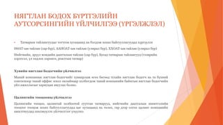 НЯГТЛАН БОДОХ БҮРТГЭЛИЙН
АУТСОРСИНГИЙН ҮЙЛЧИЛГЭЭ (ҮРГЭЛЖЛЭЛ)
 Татварын тайлангуудыг тогтсон хугацаанд нь бэлдэж зохих байгууллагуудад хүргүүлэх
НӨАТ-ын тайлан (сар бүр), ААНОАТ-ын тайлан (улирал бүр), ХХОАТ-ын тайлан (улирал бүр)
Нийгмийн, эрүүл мэндийн даатгалын тайлан (сар бүр), Бусад татварын тайлангууд (тээврийн
хэрэгсэл, үл хөдлөх хөрөнгө, роялтын татвар)
Хувийн нягтлан бодогчийн үйлчилгээ
Манай компаниас нягтлан бодогчийг хувиарлаж өгөх бөгөөд тухайн нягтлан бодогч нь та бүхний
сонгосноор танай оффис эсвэл онлайнаар холбогдож танай компанийн байнгын нягтлан бодогчийн
үйл ажиллагааг хариуцан явуулах болно.
Цалингийн тооцооны үйлчилгээ
Цалингийн тооцоо, цалинтай холбоотой суутган татварууд, нийгмийн даатгалын шимтгэлийн
тооцоог тооцож зохих байгууллагуудад цаг хугацаанд нь төлөх, гар дээр олгох цалинг компанийн
ажилтнуудад шилжүүлэх үйлчилгээг үзүүлнэ.
 