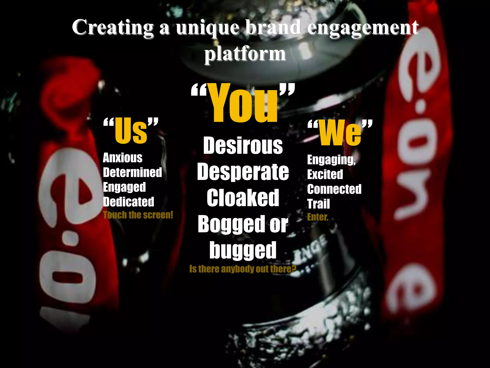 “We”
Engaging,
Excited
Connected
Trail
Enter.
Creating a unique brand engagement
platform
“Us”
Anxious
Determined
Engaged
Dedicated
Touch the screen!
“You”
Desirous
Desperate
Cloaked
Bogged or
bugged
Is there anybody out there?
 