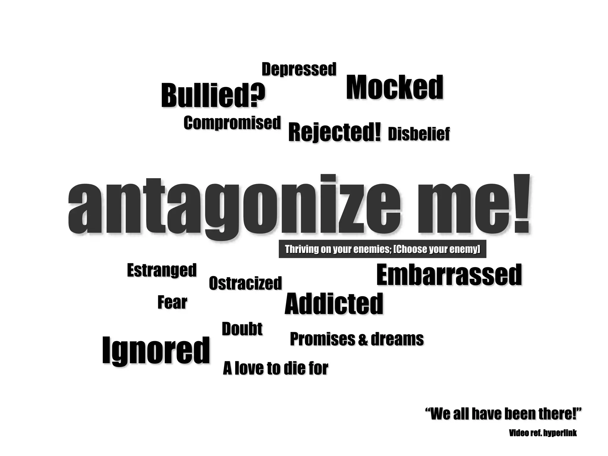 antagonize me!
A love to die for
Promises & dreams
Bullied?
Rejected!
Mocked
Compromised
EmbarrassedEstranged
Ostracized
Addicted
Depressed
Fear
Doubt
Disbelief
Ignored
“We all have been there!”
Video ref.hyperlink
Thriving on your enemies; [Choose your enemy]
 