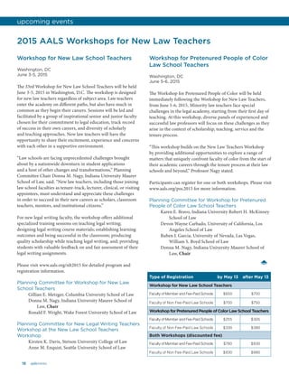 18 aalsnews
2015 AALS Workshops for New Law Teachers
Workshop for New Law School Teachers
Washington, DC
June 3-5, 2015
The 33rd Workshop for New Law School Teachers will be held
June 3-5, 2015 in Washington, D.C. The workshop is designed
for new law teachers regardless of subject area. Law teachers
enter the academy on different paths, but also have much in
common as they begin their careers. Sessions will be led and
facilitated by a group of inspirational senior and junior faculty
chosen for their commitment to legal education, track record
of success in their own careers, and diversity of scholarly
and teaching approaches. New law teachers will have the
opportunity to share their excitement, experience and concerns
with each other in a supportive environment.
“Law schools are facing unprecedented challenges brought
about by a nationwide downturn in student applications
and a host of other changes and transformations,” Planning
Committee Chair Donna M. Nagy, Indiana University Maurer
School of Law, said. “New law teachers, including those joining
law school faculties as tenure-track, lecturer, clinical, or visiting
appointees, must understand and appreciate these challenges
in order to succeed in their new careers as scholars, classroom
teachers, mentors, and institutional citizens.”
For new legal writing faculty, the workshop offers additional
specialized training sessions on teaching legal writing;
designing legal writing course materials; establishing learning
outcomes and being successful in the classroom; producing
quality scholarship while teaching legal writing, and; providing
students with valuable feedback on and fair assessment of their
legal writing assignments.
Please visit www.aals.org/nlt2015 for detailed program and
registration information.
Planning Committee for Workshop for New Law
School Teachers
Gillian E. Metzger, Columbia University School of Law
Donna M. Nagy, Indiana University Maurer School of
Law, Chair
Ronald F. Wright, Wake Forest University School of Law
Planning Committee for New Legal Writing Teachers
Workshop at the New Law School Teachers
Workshop
Kirsten K. Davis, Stetson University College of Law
Anne M. Enquist, Seattle University School of Law
Workshop for Pretenured People of Color
Law School Teachers
Washington, DC
June 5-6, 2015
The Workshop for Pretenured People of Color will be held
immediately following the Workshop for New Law Teachers,
from June 5-6, 2015. Minority law teachers face special
challenges in the legal academy, starting from their first day of
teaching. At this workshop, diverse panels of experienced and
successful law professors will focus on these challenges as they
arise in the context of scholarship, teaching, service and the
tenure process.
“This workshop builds on the New Law Teachers Workshop
by providing additional opportunities to explore a range of
matters that uniquely confront faculty of color from the start of
their academic careers through the tenure process at their law
schools and beyond,” Professor Nagy stated.
Participants can register for one or both workshops. Please visit
www.aals.org/poc2015 for more information.
Planning Committee for Workshop for Pretenured
People of Color Law School Teachers
Karen E. Bravo, Indiana University Robert H. McKinney
School of Law
Devon Wayne Carbado, University of California, Los
Angeles School of Law
Ruben J. Garcia, University of Nevada, Las Vegas,
William S. Boyd School of Law
Donna M. Nagy, Indiana University Maurer School of
Law, Chair
Type of Registration by May 13 after May 13
Workshop for New Law School Teachers
Faculty of Member and Fee-Paid Schools $650 $700
Faculty of Non Fee-Paid Law Schools $700 $750
WorkshopforPretenuredPeopleofColorLawSchoolTeachers
Faculty of Member and Fee-Paid Schools $255 $305
Faculty of Non Fee-Paid Law Schools $330 $380
Both Workshops (discounted fee)
Faculty of Member and Fee-Paid Schools $780 $830
Faculty of Non Fee-Paid Law Schools $830 $880
upcoming events
 
