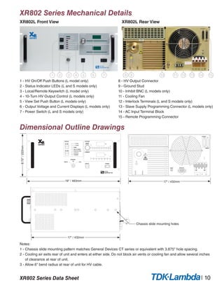 XR802 Series Data Sheet | 10
XR802 Series Mechanical Details
XR802L Front View					 XR802L Rear View
Dimensional Outline Drawings
1 2 3 4 5 6 7
1 - HV On/Off Push Buttons (L model only)
2 - Status Indicator LEDs (L and S models only)
3 - Local/Remote Keyswitch (L model only)
4 - 10-Turn HV Output Control (L models only)
5 - View Set Push Button (L models only)
6 - Output Voltage and Current Displays (L models only)
7 - Power Switch (L and S models only)
Notes:
1 - Chassis slide mounting pattern matches General Devices CT series or equivalent with 3.875" hole spacing.
2 - Cooling air exits rear of unit and enters at either side. Do not block air vents or cooling fan and allow several inches 	
	 of clearance at rear of unit.
3 - Allow 6" bend radius at rear of unit for HV cable.
8 - HV Output Connector
9 - Ground Stud
10 - Inhibit BNC (L models only)
11 - Cooling Fan
12 - Interlock Terminals (L and S models only)
13 - Slave Supply Programming Connector (L models only)
14 - AC Input Terminal Block
15 - Remote Programming Connector
!
REMOTE
TO SLAVE
3
N
INTERLOCKINHIBIT
A
kV
STATUS
%
%
HV ON
CONTROL
10 TURN INC
ADJUST
OVERTEMP
LOAD FAULT
END OF CHARGE
INHIBIT
HV OFF
POWER
LOCALREMOTE
OFF
VIEW SET
HV OFF
HV ON
INTERLOCK OPEN
CURRENT
VOLTAGE
1401201008060400 20
1101008060100 5030 704020 90
SERIES
8.72"/222mm
19" / 483mm 17" / 432mm
17" / 432mm
Chassis slide mounting holes
8 9 10 11 13 151412
 