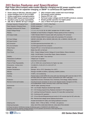 203 Series Features and Specification
203 Series Data Sheet13 |
Average Capacitor Charging Power 20,000 Joules/sec (1)
(½CV2
x Rep Rate)
Peak Capacitor Charging Power 25,000 Joules/sec (1)
(½CV2
∕ tcharge
)
Average Continuous DC Power 30,000 Watts (1)
Output Voltage Range 1, 2, 4, 5, 10, 15, 20, 30, 40, 50kV, variable from 10-100% of rated
Polarity Available as fixed Positive or Negative. Please specify at time of ordering
HV Output Cable 1-29kV Models DS2214 Coaxial cable with proprietary HV connector
30-50kV Models DS2212 Coaxial cable with proprietary HV connector
AC Input Voltage 480VAC (432-528), 3Ø or 400VAC (360-440), 3Ø, or 208VAC (180-254), 3Ø
AC Input Current 35A/45A/75A (2)
AC Connector UL/CSA approved terminal block. 3Ø +
AC Line Contactor UL/CSA approved AC line contactor
Power Factor Passive PFC pf = 0.9 at full load and nominal AC line
Efficiency Better than 85% at full load
Front Panel 203L - Output Voltage Control, Voltage & Current Meters, Status Indicators
203S - On/Off Switch, Current Bar Graph, Status Indicators
Stability ±0.2% per hour after 1 hour warmup
Temperature Coefficient 100ppm per °C typical
Stored Energy Less than 0.3J all models
Pulse to Pulse Repeatability ±2% to 100Hz std, consult factory for higher rep rates
Dimensions - inches (mm) 19 (483) W x 12.25 (311) H x 22.5 (571) D
Weight - lbs (kg) 220 (100)
Ambient Temperature Storage: -40 to +70°C. Operating: 0 to +55°C
Altitude Storage: 40,000ft (12,000m), Operating: 9,900ft (3,000m)
Humidity 10-90%, non-condensing
Cooling Flowed water at 2US GPM (7.6 L/min) with max inlet temp 35°C and min inlet of 15°C.
All water paths are copper or brass. Connections are ¼NPT male pipe.
Protection Open/Short Circuits, Overloads, Arcs, Overtemp, Overvoltage, Safety Interlock
Remote Control (all models) Via 25-pin D-sub connector on rear of unit, Signals include, Vprogram (0-10V),
HV Enable/Reset, Inhibit, Summary Fault, Load Fault, Vanalog
Accessories 10ft HV cable, operating manual
Options EN - Low Enable. Replaces standard high enable
5V - 0-5V Analog programming. Replaces standard 0-10V programming
LP - Latching Overload Protection, requires HV reset after overload fault
DC - Continuous DC operation
CP - 10 turn Current Programming pot and/or 0-10V remote input for DC units only
RS - Remote load voltage sense replaces local sense
Double terminated HV cable, and mating bulkhead connector
Ordering Info Model - XXkV - POS (or NEG) - YYYVAC - ZZ (options)
Ordering Examples 203L-10kV-POS, 203S-50kV-NEG-DC, 203L-30kV-POS-400VAC
(1) Power de-rated to 18,000J/sec average, 22,000J/sec peak or 18,000W DC with 208VAC input
(2) AC line current for capacitor charging operation. For DC operation use formula in online App Note 502.
All specifications subject to change without notice
•	 Power rating of 20kJ/sec, 25kJ/sec peak(1)
•	 Output Voltages from 0-1kV to 0-50kV
•	 Unique evaporative cooling/insulation
•	 Efficient IGBT based resonant inverter
•	 Excellent pulse to pulse repeatability
•	 208, 400 or 480VAC 3Ø input voltage(1)
•	 Ultra compact water cooled rack mount design
•	 Full remote control interface
•	 Passive PFC (pf = 0.9)
•	 Full local output voltage and HV On/Off controls (L version)
•	 Simple parallel operation for higher power
•	 Lab, or Slave front panel options
High Power Ultra-Compact water-cooled capacitor charging and DC power supplies avail-
able in 20kJ/sec for capacitor charging, or 30kW(1)
in continuous DC applications.
 