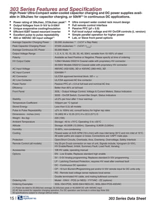 303 Series Features and Specification
303 Series Data Sheet15 |
Average Capacitor Charging Power 30,000 Joules/sec (1)
(½CV2
x Rep Rate)
Peak Capacitor Charging Power 37,500 Joules/sec (1)
(½CV2
∕ tcharge
)
Average Continuous DC Power 50,000 Watts (1)
Output Voltage Range 1, 2, 4, 5, 10, 15, 20, 30, 40, 50kV, variable from 10-100% of rated
Polarity Available as fixed Positive or Negative. Please specify at time of ordering
HV Output Cable 1-29kV Models DS2214 Coaxial cable with proprietary HV connector
30-50kV Models DS2212 Coaxial cable with proprietary HV connector
AC Input Voltage 480VAC (432-528), 3Ø or 400VAC (360-440), 3Ø
AC Input Current 53A/68A (2)
AC Connector UL/CSA approved terminal block. 3Ø +
AC Line Contactor UL/CSA approved AC line contactor
Power Factor Passive PFC pf = 0.9 at full load and nominal AC line
Efficiency Better than 85% at full load
Front Panel 303L - Output Voltage Control, Voltage & Current Meters, Status Indicators
303S - On/Off Switch, Current Bar Graph, Status Indicators
Stability ±0.2% per hour after 1 hour warmup
Temperature Coefficient 100ppm per °C typical
Stored Energy Less than 0.3J all models
Pulse to Pulse Repeatability ±2% to 100Hz std, consult factory for higher rep rates
Dimensions - inches (mm) 19 (483) W x 12.25 (311) H x 22.5 (571) D
Weight - lbs (kg) 220 (100)
Ambient Temperature Storage: -40 to +70°C. Operating: 0 to +55°C
Altitude Storage: 40,000ft (12,000m), Operating: 9,900ft (3,000m)
Humidity 10-90%, non-condensing
Cooling Flowed water at 2US GPM (7.6 L/min) with max inlet temp 35°C and min inlet of 15°C.
All water paths are copper or brass. Connections are ¼NPT male pipe.
Protection Open/Short Circuits, Overloads, Arcs, Overtemp, Overvoltage, Safety Interlock
Remote Control (all models) Via 25-pin D-sub connector on rear of unit, Signals include, Vprogram (0-10V),
HV Enable/Reset, Inhibit, Summary Fault, Load Fault, Vanalog
Accessories 10ft HV cable, operating manual
Options EN - Low Enable. Replaces standard high enable
5V - 0-5V Analog programming. Replaces standard 0-10V programming
LP - Latching Overload Protection, requires HV reset after overload fault
DC - Continuous DC operation
CP - 10 turn Current Programming pot and/or 0-10V remote input for DC units only
RS - Remote load voltage sense replaces local sense
Double terminated HV cable, and mating bulkhead connector
Ordering Info Model - XXkV - POS (or NEG) - YYYVAC - ZZ (options)
Ordering Examples 303L-10kV-POS, 303S-50kV-NEG-DC, 303L-30kV-POS-400VAC
(1) Power de-rated to 25,000J/sec average, 32,500J/sec peak or 40,000W DC with 400VAC input
(2) AC line current for capacitor charging operation. For DC operation use formula in online App Note 502.
All specifications subject to change without notice
•	 Power rating of 30kJ/sec, 37.5kJ/sec peak(1)
•	 Output Voltages from 0-1kV to 0-50kV
•	 Unique evaporative cooling/insulation
•	 Efficient IGBT based resonant inverter
•	 Excellent pulse to pulse repeatability
•	 400 or 480VAC 3Ø input voltage(1)
•	 Ultra compact water cooled rack mount design
•	 Full remote control interface
•	 Passive PFC (pf = 0.9)
•	 Full local output voltage and HV On/Off controls (L version)
•	 Simple parallel operation for higher power
•	 Lab, or Slave front panel options
High Power Ultra-Compact water-cooled capacitor charging and DC power supplies avail-
able in 30kJ/sec for capacitor charging, or 50kW(1)
in continuous DC applications.
 
