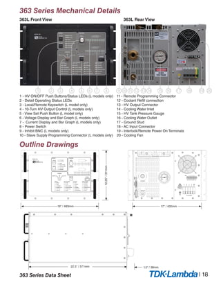 1 - HV ON/OFF Push Buttons/Status LEDs (L models only)
2 - Detail Operating Status LEDs
3 - Local/Remote Keyswitch (L model only)
4 - 10-Turn HV Output Control (L models only)
5 - View Set Push Button (L model only)
6 - Voltage Display and Bar Graph (L models only)
7 - Current Display and Bar Graph (L models only)
8 - Power Switch
9 - Inhibit BNC (L models only)
10 - Slave Supply Programming Connector (L models only)
363 Series Data Sheet | 2
363 Series Mechanical Details
363L Front View 363L Rear View
Outline Drawings
11 - Remote Programming Connector
12 - Coolant Refill connection
13 - HV Output Connector
14 - Cooling Water Inlet
15 - HV Tank Pressure Gauge
16 - Cooling Water Outlet
17 - Ground Stud
18 - AC Input Connector
19 - Interlock/Remote Power On Terminals
20 - Cooling FanINHIBITREMOTE
COOLANT
HV OUTPUT
TB 1 AC INPUT
INTERLOCK/POWER ON
TB2 1 2 3 4
A B C N GND
1 2 3 4 5
COOLANT WATERIN OUT
SLAVE
inHg psi
kPa
-30
-100
-50
150
50
0
200
100
-20
-10
0
10
20
30
!
438-528 VAC
50/60 Hz
STATUS COOLANT INPUT POWERHIGH VOLTAGE
ENABLE
INHIBIT
AUTOINHIBIT
SUMMARY FAULT
INTERNAL ARCLOAD FAULT
LINE FAULT
HV ON
HV OFF
END OF CHARGE
EXCESS REVERSAL
CLAMP
FULL
WARNING
FAULT
OVERTEMP
PURGE VALVE
OVER PRESSURE
HIGH LINE
LOW LINE
IMBALANCE
INTERLOCK OPEN
BIAS FAULT
FAN FAIL
POWER
STATUS
HV ON
CONTROL
ADJUST
OVERTEMP
LOAD FAULT
END OF CHARGE
INHIBIT
HV OFF
VIEW SET
HV OFF
HV ON
INTERLOCK OPEN
LOCALREMOTE
OFF
110
%
10080 90706050403020100
110
%
10080 90706050403020100
10 TURN INC
CURRENT
VOLTAGE
kV
A
MODEL 363
12.25"/311mm
22.5" / 571mm
9 10 13 14 15 1611 181712 19 20
19" / 483mm 17" / 432mm
1.5" / 38mm
1 2 3 4 5 6 7 8
| 18
 
