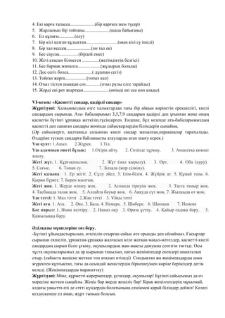 4. Екі қарға таласса......................(бір қарғаға жем түсер)
5. Жарлының бір тойғаны......................(шала байығаны)
6. Ел құлағы..............(елу)
7. Бір кісі қазған құдықтан............................(мың кісі су ішеді)
8. Бір тал кессең......................(он тал ек)
9. Бес саусақ.................(бірдей емес)
10. Жеті атасын білмеген ...............(жетімдіктің белгісі)
11. Бес бармақ жиналса....................(жұдырық болады)
12. Дос сегіз болса.....................( дұшпан сегіз)
13. Тойған жерге...................(тоғыз кел)
14. Отыз тістен шыққан сӛз.............(отыз рулы елге тарайды)
15. Жерді екі рет жыртқан.......................(ӛнімді екі есе кӛп алады)
VІ-кезең: «Қасиетті сандар, қадірлі сандар»
Жүргізуші: Халқымыздың ӛзге халықтардан тағы бір айқын кӛрінетін ерекшелігі, киелі
сандардың сырында. Ата- бабаларымыз 3,5,7,9 сандарын қадірлі деп ұғынған және оның
қасиетін бүгінгі ұрпаққа жеткізіп,түсіндірген. Ендеше, бұл кезеңде ата-бабаларымыздың
қасиетті деп санаған сандары жӛнінде сайыскерлердің білімдерін сынайық.
(Әр сайыскерге, қалташа,а салынған киелі сандар жазылған,парақшалар таратылады.
Ӛздеріне түскен сандарға байланысты атауларды атап шығу керек.)
Үш қуат: 1.Ақыл. 2.Жүрек. 3.Тiл.
Үш адамның ниеті бұзық: 1.Ӛтірік айту. 2. Сӛзінде тұрмау. 3. Аманатқа қиянат
жасау.
Жеті жұт. 1. Құрғақшылық. 2. Жұт (мал қырылу). 3. Ӛрт. 4. Оба (ауру).
5. Соғыс. 6. Топан су. 7. Зілзала (жер сілкіну).
Жеті қазына: 1. Ер жігіт. 2. Сұлу әйел. 3. Ілім-білім. 4. Жүйрік ат. 5. Құмай тазы. 6.
Қыран бүркіт. 7. Берен мылтық.
Жеті жоқ. 1. Жерде ӛлшеу жоқ. 2. Аспанда тіреуіш жоқ. 3. Таста тамыр жоқ.
4. Тасбақада талақ жоқ. 5. Аллаһта бауыр жоқ. 6. Аққуда сүт жоқ. 7. Жылқыда ӛт жоқ.
Үш тәтті: 1. Мал тәтті 2.Жан тәтті 3. Ұйқы тәтті
Жеті ата. 1. Ата. 2. Әке. 3. Бала. 4. Немере. 5. Шӛбере. 6. Шӛпшек 7. Немене
Бес парыз: 1. Иман келтіру. 2. Намаз оқу 3. Ораза ұстау. 4. Қайыр садақа беру. 5.
Қажылыққа бару.
Әділқазы мүшелеріне сӛз беру.
-Бүгінгі ұйымдастырылып, ӛткізіліп отырған сайыс ӛте орынды деп ойлаймыз. Ғасырлар
сырынан екшеліп, ұрпақтан-ұрпаққа жалғасып келе жатқан мақал-мәтелдер, қасиетті киелі
сандардың сырын біліп ұғыну, оқушылардың жан-жақты дамуына септігін тигізді. Осы
тұста оқушыларымыз да әр қырынан танылып, нағыз жеңімпаздар екендері анықталып
отыр. (сайыста жеңіске жеткен топ аталып ӛтіледі) Сондықтан жа жеңімпаздарды шын
жүректен құттықтап, тағы да осындай жеңістердің бірнешеуінен кӛріне беріңіздер дегім
келеді. (Жеңімпаздарды марапаттау)
Жүргізуші: Міне, құрметті кӛрермендер, ұстаздар, оқушылар! Бүгінгі сайысымыз да ӛз
мәресіне жеткен сыңайлы. Жеңіс бар жерде жеңіліс бар! Бірақ жеңілгендерің мұқалмай,
алдағы уақытта әлі де сәтті күндердің болатынына сеніммен қарай біліңдер дейміз! Келесі
кездескенше ел аман, жұрт тыныш болсын.
 