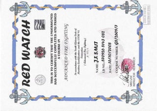 JF Smit Advanced Marine Fire Fighting certificate