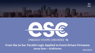 #ESCBOS #ESCBOS
From	
  Hw	
  to	
  Sw:	
  Parallel	
  Logic	
  Applied	
  to	
  Event-­‐Driven	
  Firmware	
  
Jonny	
  Doin	
  –	
  GridVortex	
  
 