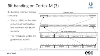 #ESCBOS
Bit-­‐banding  on  Cortex-­‐M  (3)
Bit-­‐banding	
  memory	
  remap	
  
structure:	
  
•  Words	
  (32bit)	
  in	
  the	
  alias	
  
region	
  map	
  to	
  individual	
  
bits	
  in	
  the	
  normal	
  SRAM	
  
memory	
  
•  The	
  remapped	
  writes	
  are	
  
guaranteed	
  atomic	
  
ProgrammersModel
• The alias word at 0x2200001C maps to bit [7] of the bit-band byte at 0x20000000: 0x2200001C
= 0x22000000 + (0*32) + 7*4.
Figure 3-2 Bit-band mapping
0x23FFFFE4
0x22000004
0x23FFFFE00x23FFFFE80x23FFFFEC0x23FFFFF00x23FFFFF40x23FFFFF80x23FFFFFC
0x220000000x220000140x220000180x2200001C 0x220000080x22000010 0x2200000C
32MB alias region
0
7 0
07
0x200000000x200000010x200000020x20000003
6 5 4 3 2 1 07 6 5 4 3 2 1 7 6 5 4 3 2 1 07 6 5 4 3 2 1
07 6 5 4 3 2 1 6 5 4 3 2 107 6 5 4 3 2 1 07 6 5 4 3 2 1
0x200FFFFC0x200FFFFD0x200FFFFE0x200FFFFF
1MB SRAM bit-band region
source:	
  ARM	
  DDI	
  0439C,	
  page	
  3-­‐20	
  
 