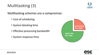 #ESCBOS
Mul3tasking  (3)
Mul+tasking	
  schemes	
  are	
  a	
  compromise:	
  
•  Cost	
  of	
  scheduling	
  
•  System	
  blocking	
  +me	
  
•  Eﬀec+ve	
  processing	
  bandwidth	
  
•  System	
  response	
  +me	
  
USER	
  TASK	
  
CPU	
  TIME	
  
SCHEDULER	
  
CPU	
  TIME	
  
 