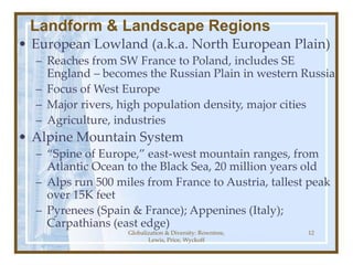 Globalization & Diversity: Rowntree,
Lewis, Price, Wyckoff
12
Landform & Landscape Regions
• European Lowland (a.k.a. North European Plain)
– Reaches from SW France to Poland, includes SE
England – becomes the Russian Plain in western Russia
– Focus of West Europe
– Major rivers, high population density, major cities
– Agriculture, industries
• Alpine Mountain System
– “Spine of Europe,” east-west mountain ranges, from
Atlantic Ocean to the Black Sea, 20 million years old
– Alps run 500 miles from France to Austria, tallest peak
over 15K feet
– Pyrenees (Spain & France); Appenines (Italy);
Carpathians (east edge)
 