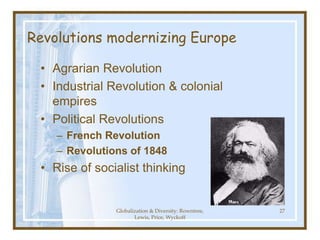 Globalization & Diversity: Rowntree,
Lewis, Price, Wyckoff
27
Revolutions modernizing Europe
• Agrarian Revolution
• Industrial Revolution & colonial
empires
• Political Revolutions
– French Revolution
– Revolutions of 1848
• Rise of socialist thinking
 