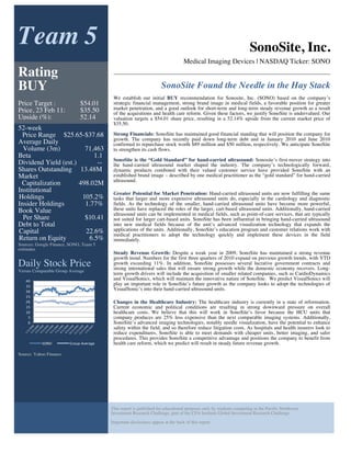 SonoSite, Inc.
Medical Imaging Devices | NASDAQ Ticker: SONO
SonoSite Found the Needle in the Hay Stack
We establish our initial BUY recommendation for Sonosite, Inc. (SONO) based on the company’s
strategic financial management, strong brand image in medical fields, a favorable position for greater
market penetration, and a good outlook for short-term and long-term steady revenue growth as a result
of the acquisitions and health care reform. Given these factors, we justify SonoSite is undervalued. Our
valuation targets a $54.01 share price, resulting in a 52.14% upside from the current market price of
$35.50.
Strong Financials: SonoSite has maintained good financial standing that will position the company for
growth. The company has recently paid down long-term debt and in January 2010 and June 2010
confirmed to repurchase stock worth $89 million and $50 million, respectively. We anticipate SonoSite
to strengthen its cash flows.
SonoSite is the “Gold Standard” for hand-carried ultrasound: Sonosite’s first-mover strategy into
the hand-carried ultrasound market shaped the industry. The company’s technologically forward,
dynamic products combined with their valued customer service have provided SonoSite with an
established brand image – described by one medical practitioner as the “gold standard” for hand-carried
ultrasound.
•
• Greater Potential for Market Penetration: Hand-carried ultrasound units are now fulfilling the same
tasks that larger and more expensive ultrasound units do, especially in the cardiology and diagnostic
fields. As the technology of the smaller, hand-carried ultrasound units have become more powerful,
these units have replaced the roles of the larger, cart-based ultrasound units. Additionally, hand-carried
ultrasound units can be implemented in medical fields, such as point-of-care services, that are typically
not suited for larger cart-based units. SonoSite has been influential in bringing hand-carried ultrasound
into new medical fields because of the unit’s advanced visualization technology that expands the
applications of the units. Additionally, SonoSite’s education program and customer relations work with
medical practitioners to adopt the technology quickly and implement these devices in the field
immediately.
•
• Steady Revenue Growth: Despite a weak year in 2009, SonoSite has maintained a strong revenue
growth trend. Numbers for the first three quarters of 2010 expand on previous growth trends, with YTD
growth exceeding 11%. In addition, SonoSite possesses several lucrative government contracts and
strong international sales that will ensure strong growth while the domestic economy recovers. Long-
term growth drivers will include the acquisition of smaller related companies, such as CardioDynamics
and VisualSonics, which will maintain the innovative nature of SonoSite. We predict VisualSonics will
play an important role in SonoSite’s future growth as the company looks to adopt the technologies of
VisualSonic’s into their hand-carried ultrasound units.
•
• Changes in the Healthcare Industry: The healthcare industry is currently in a state of reformation.
Current economic and political conditions are resulting in strong downward pressure on overall
healthcare costs. We believe that this will work in SonoSite’s favor because the HCU units that
company produces are 25% less expensive than the next comparable imaging systems. Additionally,
SonoSite’s advanced imaging technologies, notably needle visualization, have the potential to enhance
safety within the field, and so therefore reduce litigation costs. As hospitals and health insurers look to
reduce expenditures, SonoSite is able to meet demands with cheaper units, better imaging, and safer
procedures. This provides SonoSite a competitive advantage and positions the company to benefit from
health care reform, which we predict will result in steady future revenue growth.
Team 5
52-week
Price Range $25.65-$37.68
Average Daily
Volume (3m) 71,463
Beta 1.1
Dividend Yield (est.) --
Shares Outstanding 13.48M
Market
Capitalization 498.02M
Institutional
Holdings 105.2%
Insider Holdings 1.77%
Book Value
Per Share $10.41
Debt to Total
Capital 22.6%
Return on Equity 6.5%
Sources: Google Finance, SONO, Team 5
estimates
Daily Stock Price
Versus Comparable Group Average
Source: Yahoo Finance
0
5
10
15
20
25
30
35
40
SONO
 Group Average
Rating
BUY
Price Target : $54.01
Price, 23 Feb 11: $35.50
Upside (%): 52.14
This report is published for educational purposes only by students competing in the Pacific Northwest
Investment Research Challenge, part of the CFA Institute Global Investment Research Challenge.
Important disclosures appear at the back of this report
 