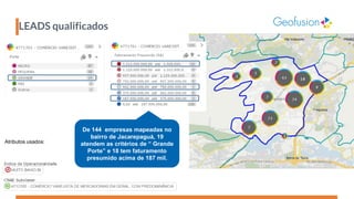 LEADS qualificados
Atributos usados:
De 144 empresas mapeadas no
bairro de Jacarepaguá, 19
atendem as critérios de “ Grande
Porte” e 18 tem faturamento
presumido acima de 187 mil.
 