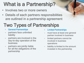 What is a Partnership?
• Involves two or more owners
• Details of each partners responsibilities
are outlined in a partnership agreement
Two Types of Partnerships
• General Partnerships
- partners face unlimited
liability
- partners are involved in the
day-to-day operation of the
business
- partners are jointly liable
for all the obligations of the
partnership
• Limited Partnerships
- must have at least one general
partner involved in business
- limited partners cannot be
involved in business
operations
- liability is limited to the amount
invested in the partnership
 