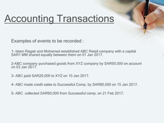 Accounting Transactions
Examples of events to be recorded :
1- Islam Ragab and Mohamed established ABC Retail company with a capital
SAR1 MM shared equally between them on 01 Jan 2017.
2-ABC company purchased goods from XYZ company by SAR50,000 on account
on 03 Jan 2017.
3- ABC paid SAR20,000 to XYZ on 10 Jan 2017.
4- ABC made credit sales to Successful Comp. by SAR80,000 on 15 Jan 2017.
5- ABC collected SAR60,000 from Successful comp. on 21 Feb 2017.
 