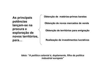 As principais
potências
lançam-se na
procura e
exploração de
novos territórios,
para…
Obtenção de matérias-primas baratasObtenção de matérias-primas baratas
Obtenção de novos mercados de vendaObtenção de novos mercados de venda
Obtenção de territórios para emigraçãoObtenção de territórios para emigração
Realização de investimentos lucrativosRealização de investimentos lucrativos
Ideia: “A política colonial é, duplamente, filha da política
industrial europeia”
 