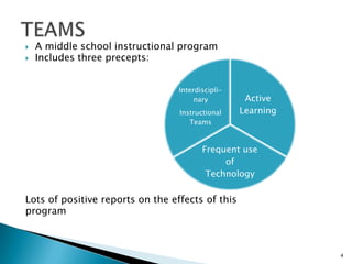   A middle school instructional program
   Includes three precepts:


                                  Interdiscipli-
                                       nary         Active
                                  Instructional    Learning
                                     Teams



                                         Frequent use
                                              of
                                          Technology

Lots of positive reports on the effects of this
program



                                                              4
 