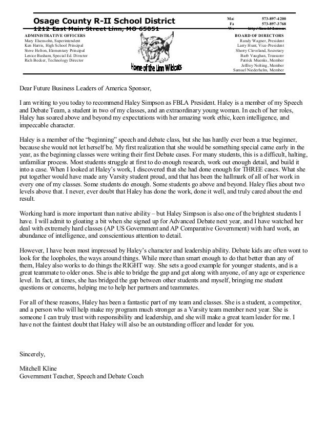 recommendation letter for fbla kline letter of recommendation for school board member