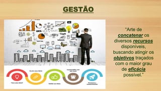 GESTÃO
“Arte de
concatenar os
diversos recursos
disponíveis,
buscando atingir os
objetivos traçados
com o maior grau
de eficácia
possível.”
 
