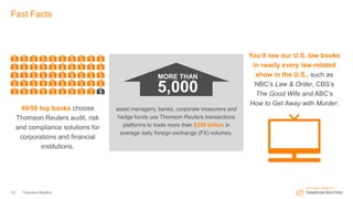 13 Thomson Reuters
Fast Facts
asset managers, banks, corporate treasurers and
hedge funds use Thomson Reuters transactions
platforms to trade more than $350 billion in
average daily foreign exchange (FX) volumes.
MORE THAN
5,000
You’ll see our U.S. law books
in nearly every law-related
show in the U.S., such as
NBC’s Law & Order, CBS’s
The Good Wife and ABC’s
How to Get Away with Murder.
49/50 top banks choose
Thomson Reuters audit, risk
and compliance solutions for
corporations and financial
institutions.
 