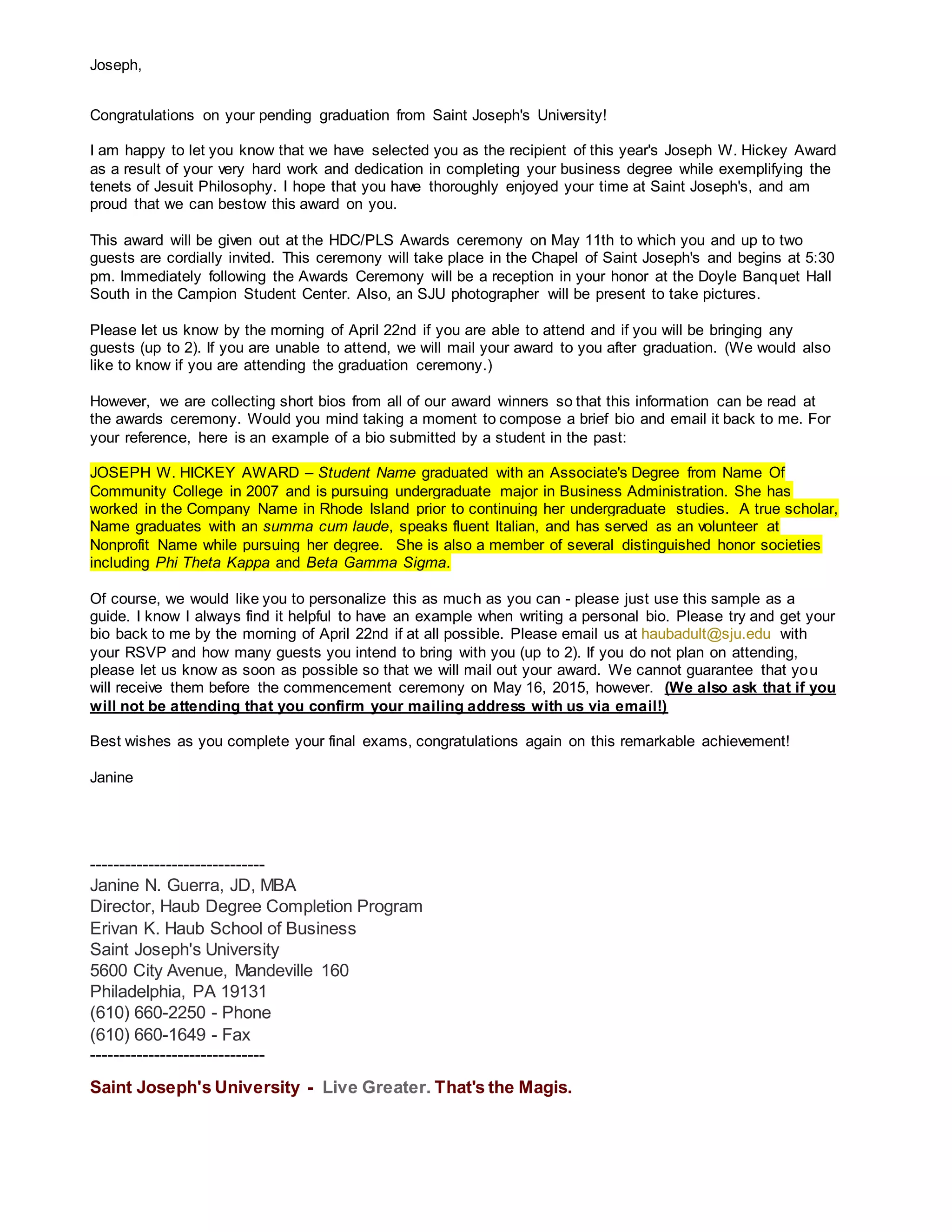 St Joe's award announcement | DOCX